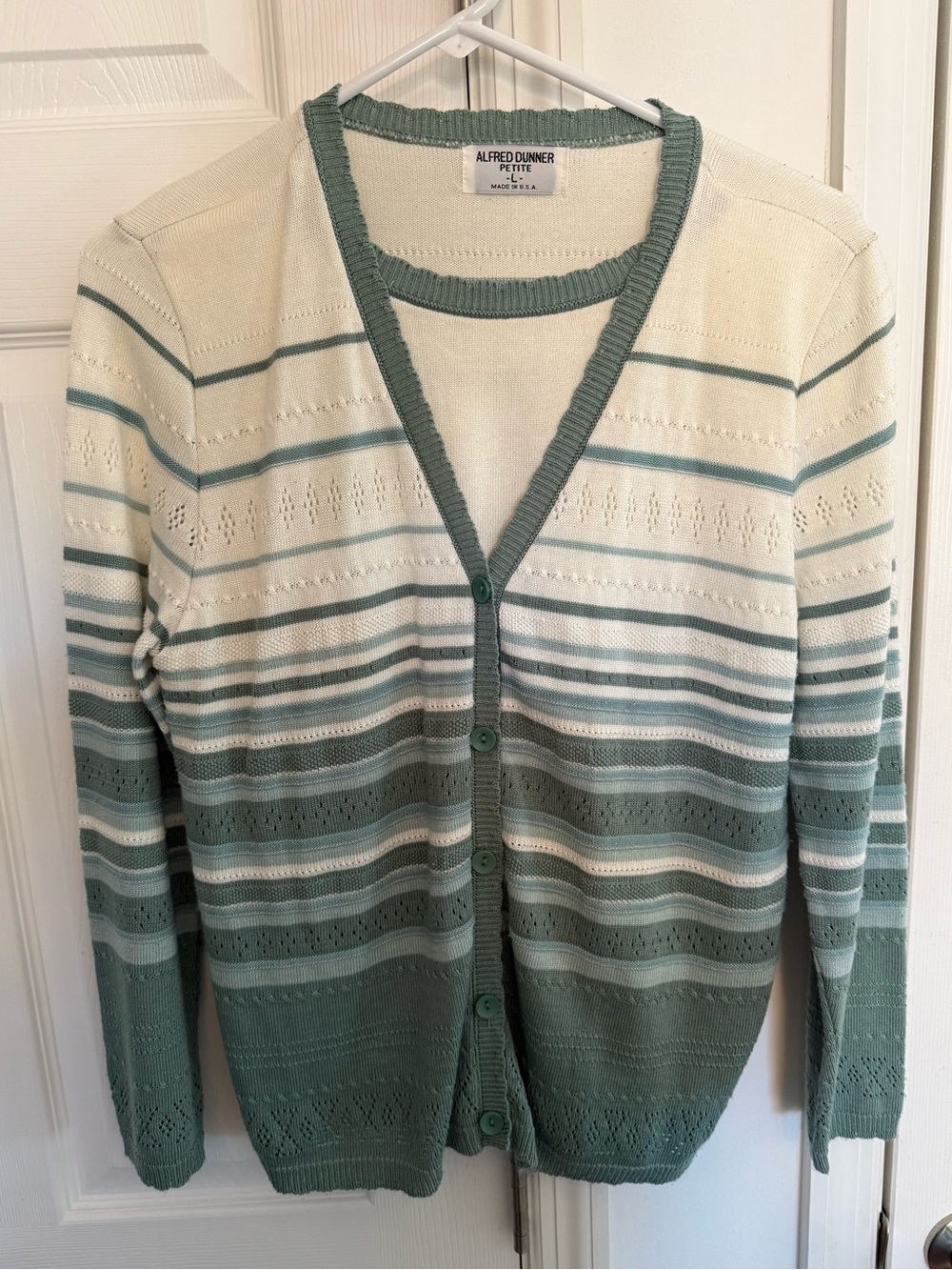 Alfred Dunner Green and Cream Striped V-Neck Cardigan